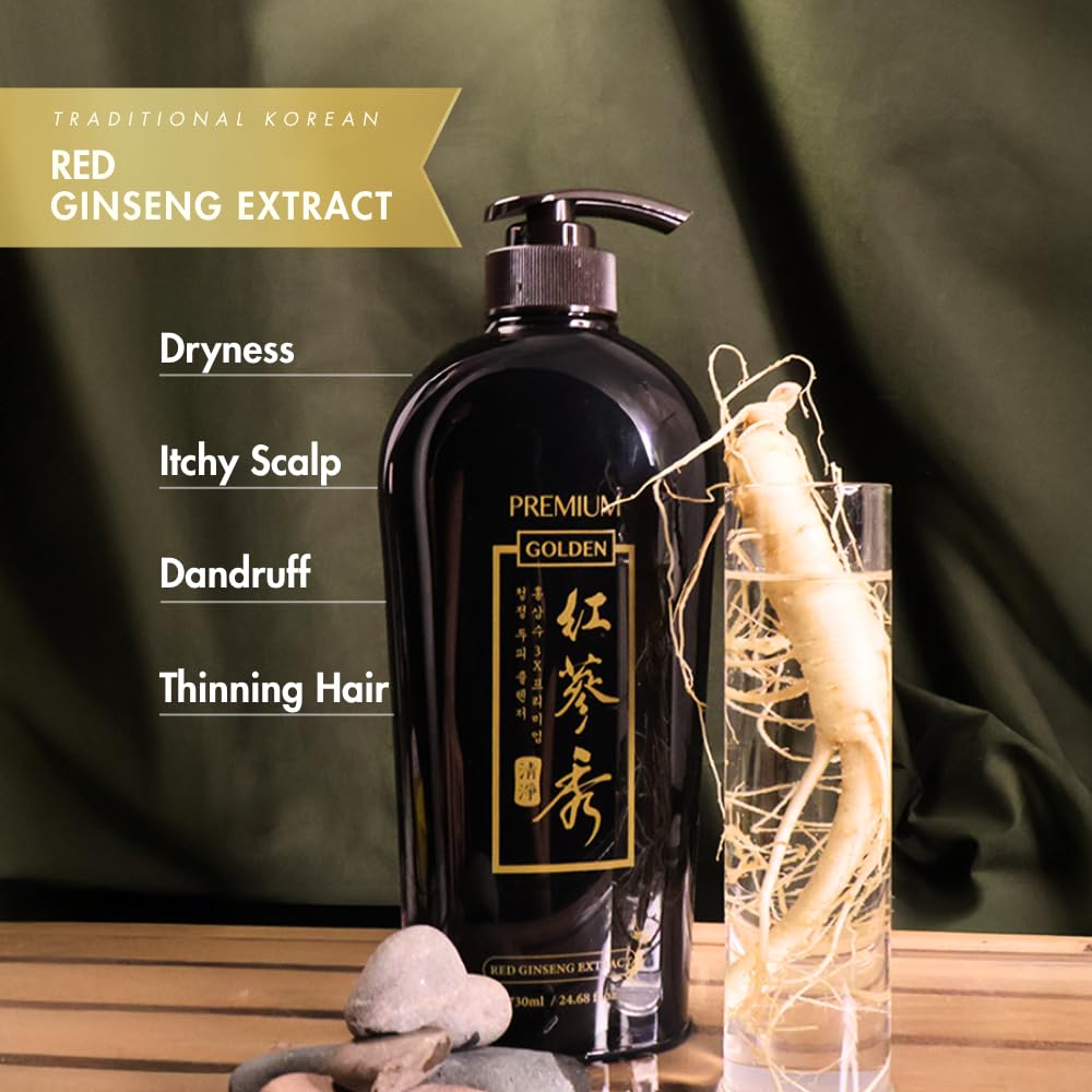 Naisture Red Ginseng 3X Golden Shampoo bottle, a hair regrowth treatment for scalp and hair, in 730ml size.