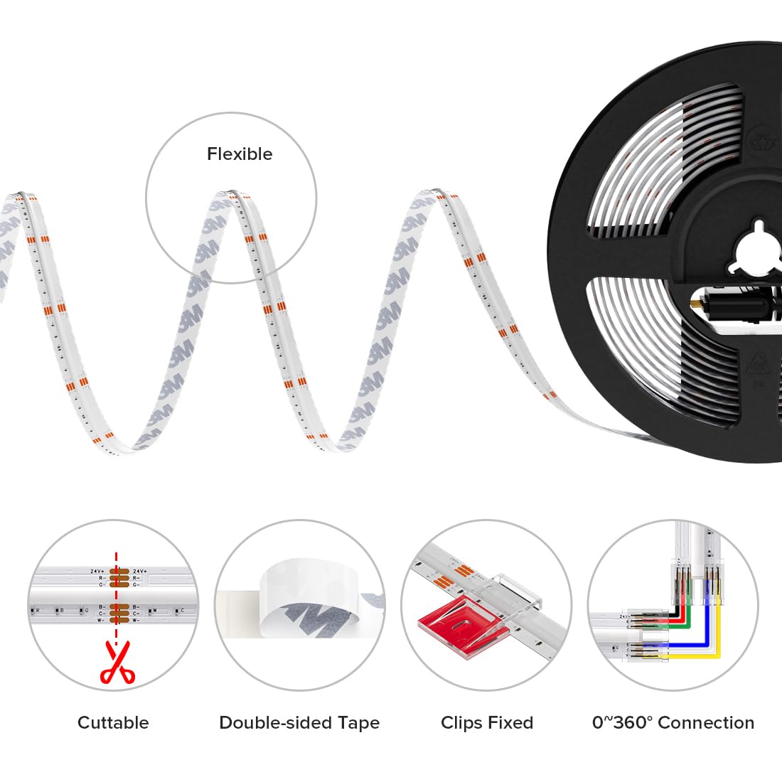 BTF-LIGHTING 9.8FT RGBCCT COB LED Strip Light Kit, DC24V Color Changing – alternate angle