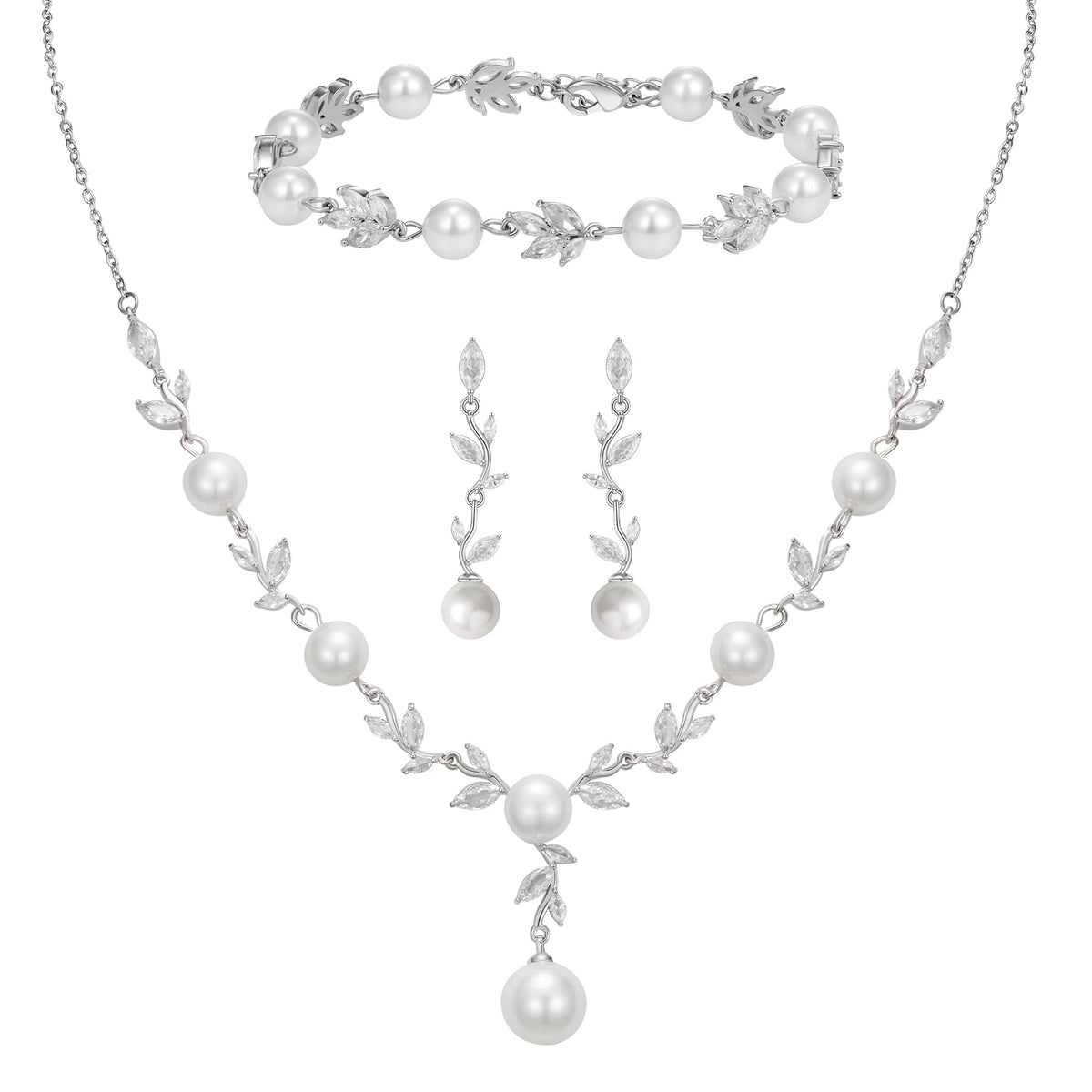 SWEETV Cubic Zirconia Wedding Jewelry Sets for Bride Bridesmaids, Crystal Leaf Vine Bridal Earrings and Necklace Set for