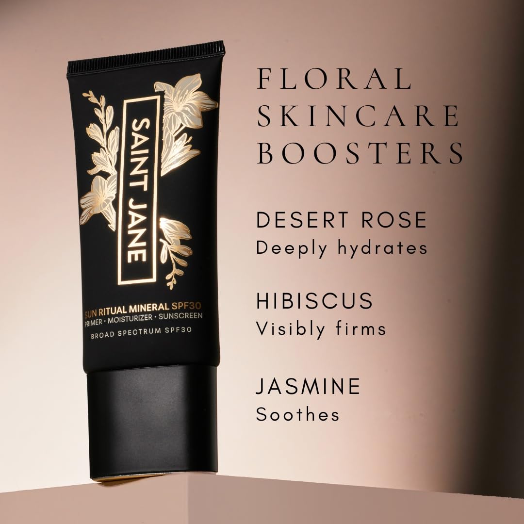 SAINT JANE - Luxury Sun Ritual Mineral SPF 30 (1.7 oz | 50 ml) – back view and specifications