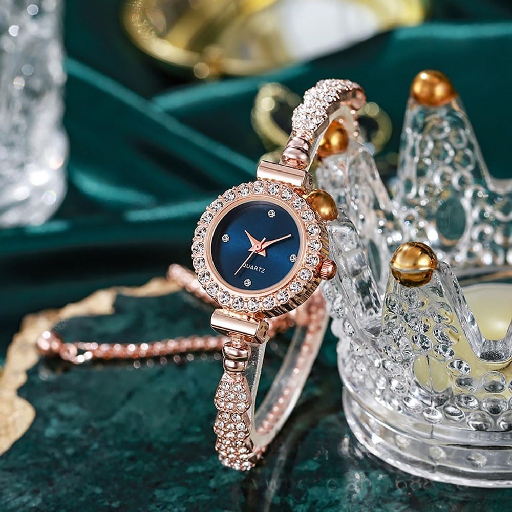 dayutech Gold Watch Set for Women, Full Diamond Dress Adjustable Slim Jewelry Bracelet Wrist Watch Accessories Bulk Gift