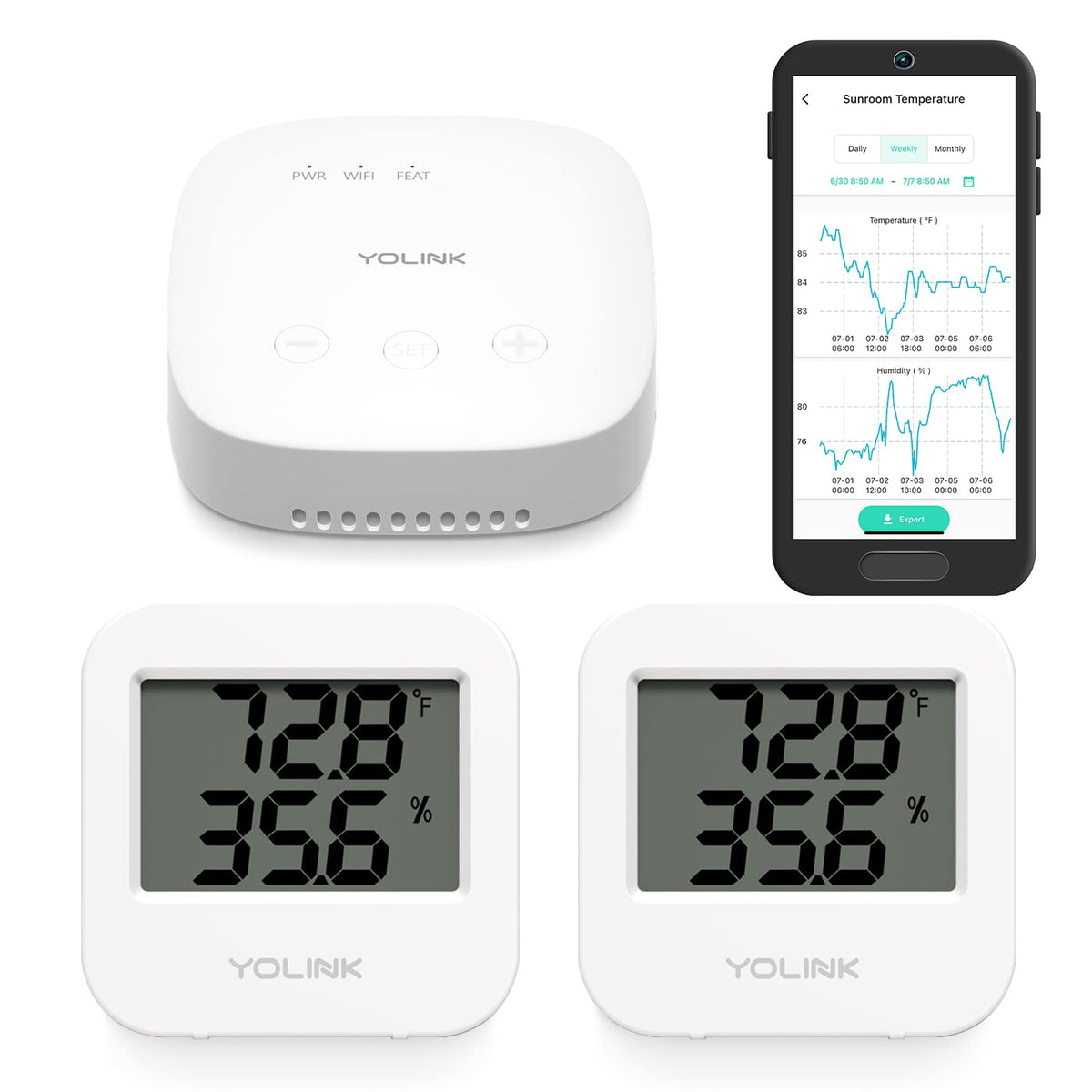 YoLink Indoor Temperature and Humidity Sensor Kit: 2-Pack + SpeakerHub – product photo (Hubs &amp; Controllers)
