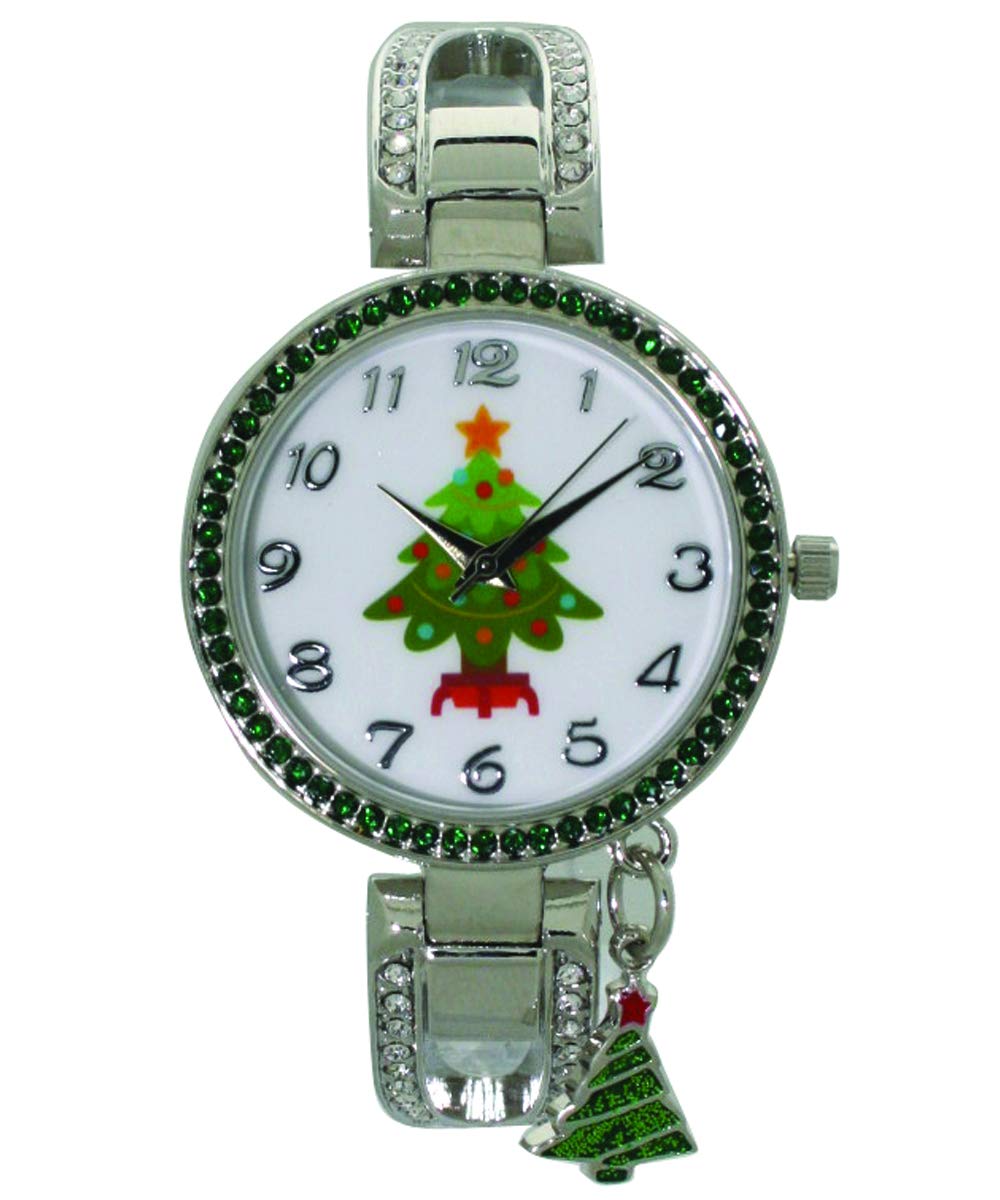 Unknown Fashion Watch Wholesale Metal Holiday Bangle with Rhinestones and Charm (Tree) – White, Metal
