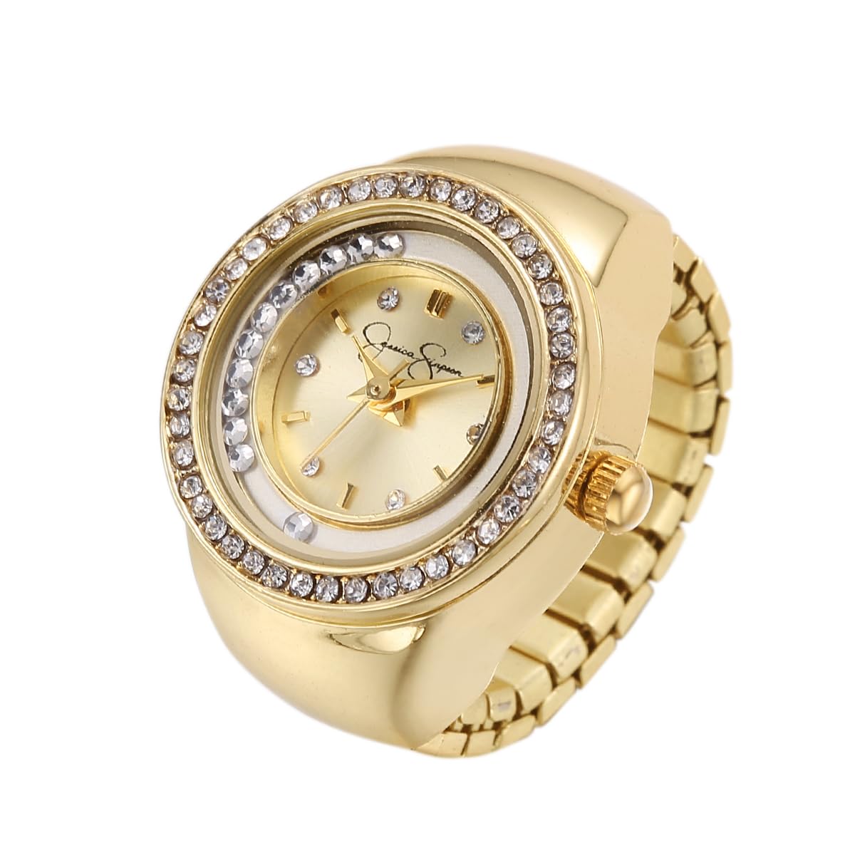 Jessica Simpson Women's Adjustable Ring Watch – Crystal Bezel, Quartz Analog Mini Dial, Stretch Band Fashion Jewelry Acc