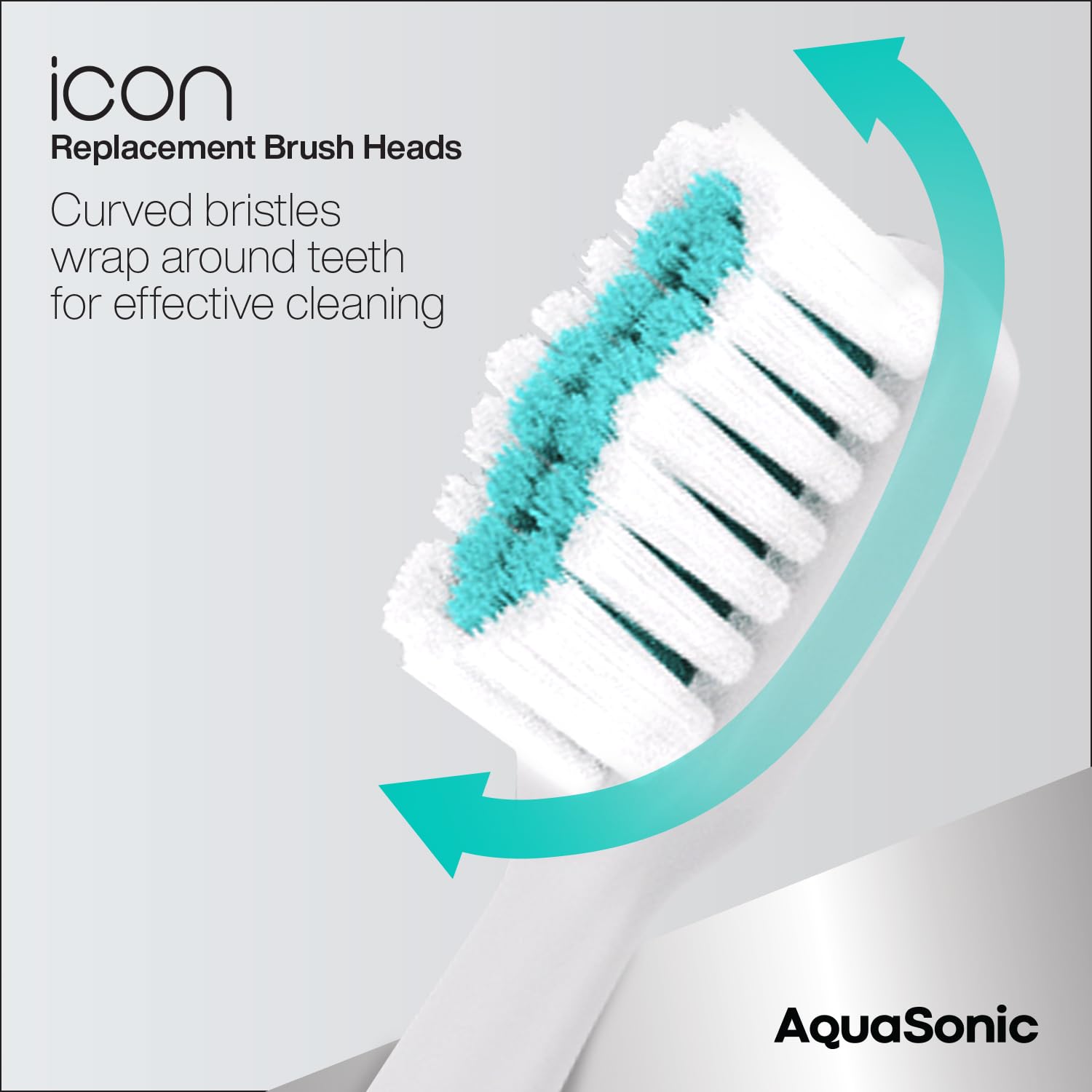 Aquasonic AquaSonic Icon replacement toothbrush heads in a 2-pack with pearl-colored bristles, compatible with AquaSonic electric toothbrushes.