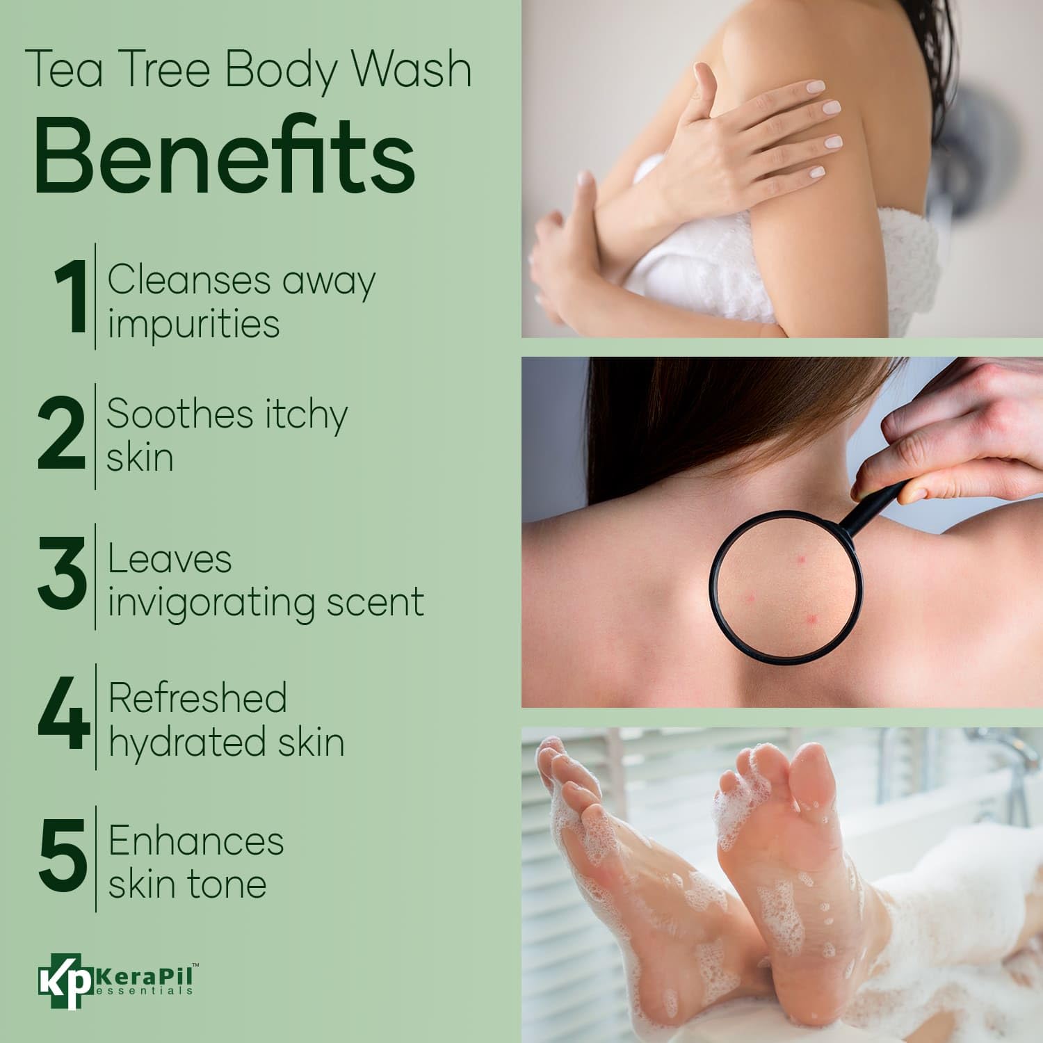 Kerapil Tea Tree Oil Body Wash bottle, 16 fl oz, natural skin cleaning agent with tea tree oil for fresh, clean skin.