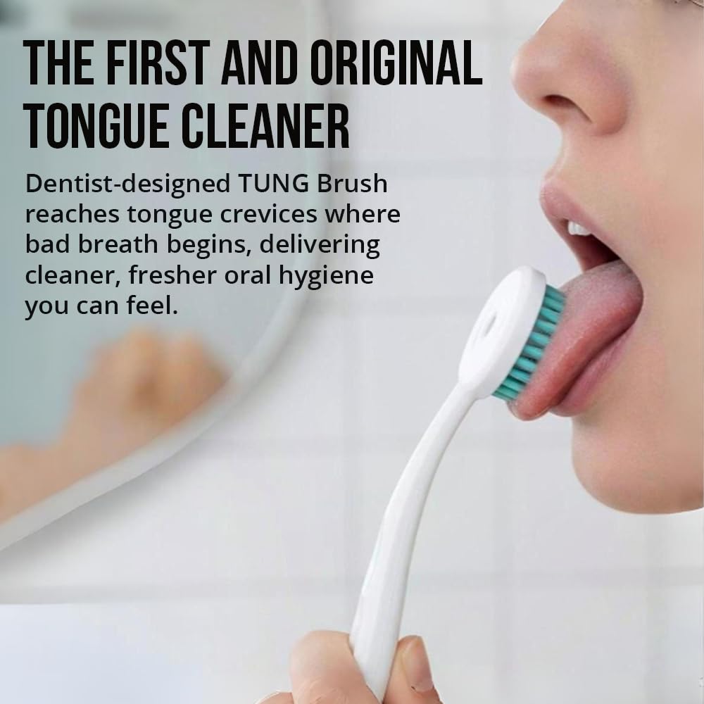 Peak Essentials Tung Tongue Cleaning Kit with brush and gel for fresh breath, USA-made personal care appliance.