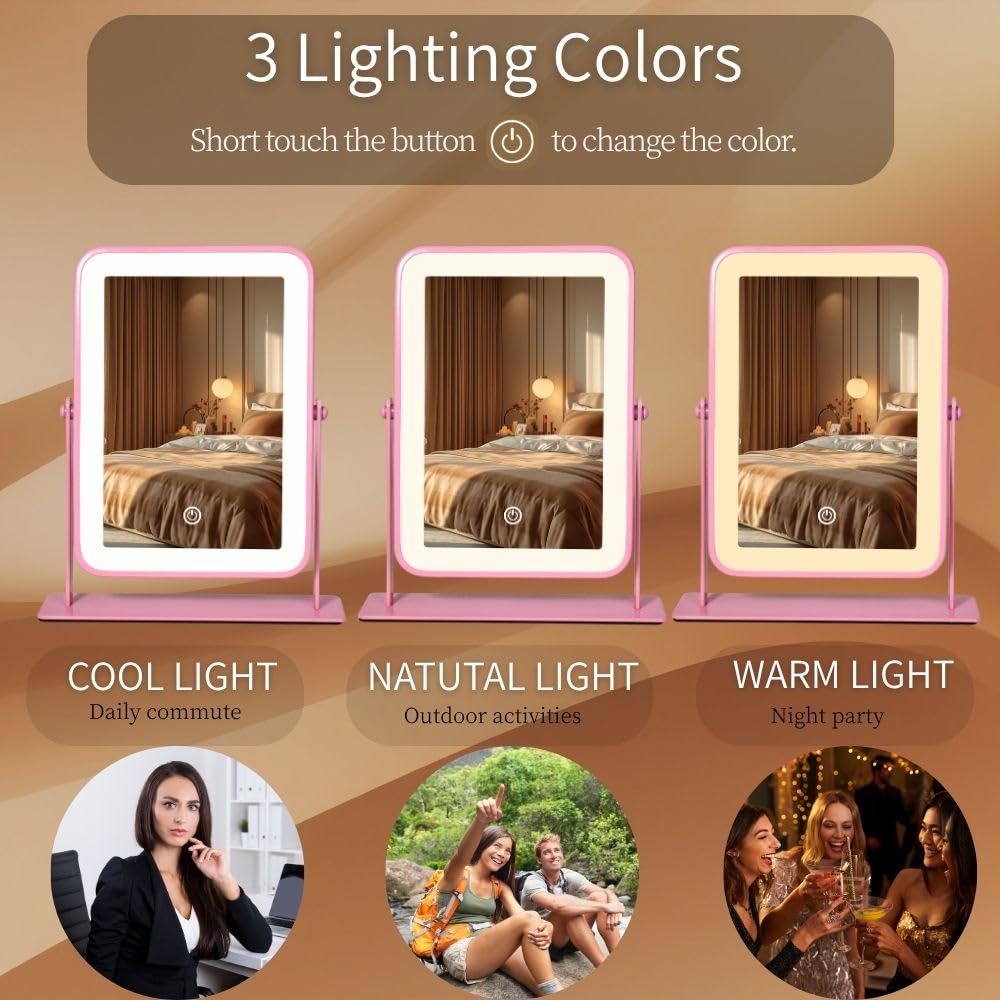 LAKFUES Pink LED Makeup Mirror with Lights – Rechargeable Wireless Vanity Mirror for Desk – Adjustable Brightness, 3 Col