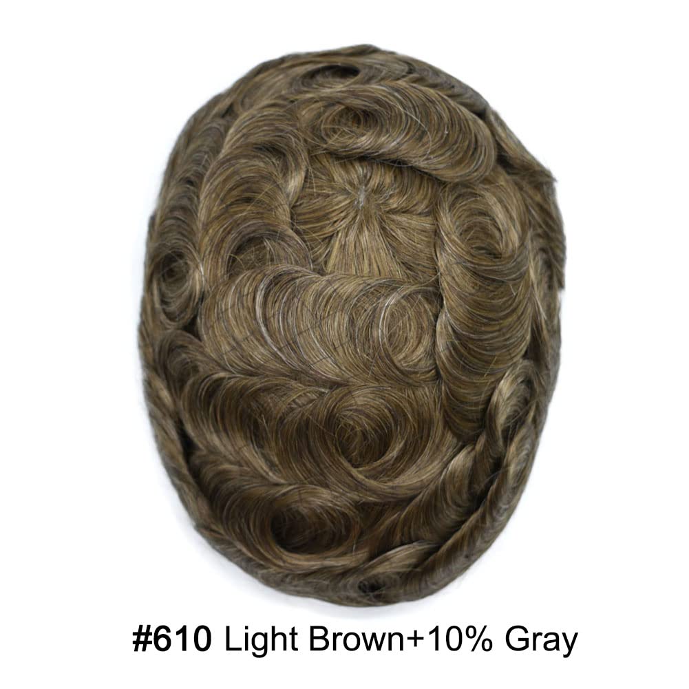 Curve Hair men's toupee wig in light brown with gray, 7x9 inches, monofilament base, human hair replacement system.