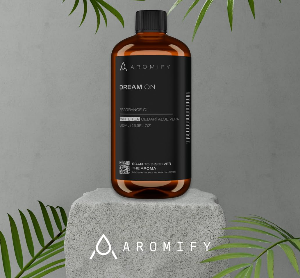 Aromify Dream On essential diffuser oil bottle, 6.7 fl oz, with a sleek design, used for hotel scent and aromatherapy.