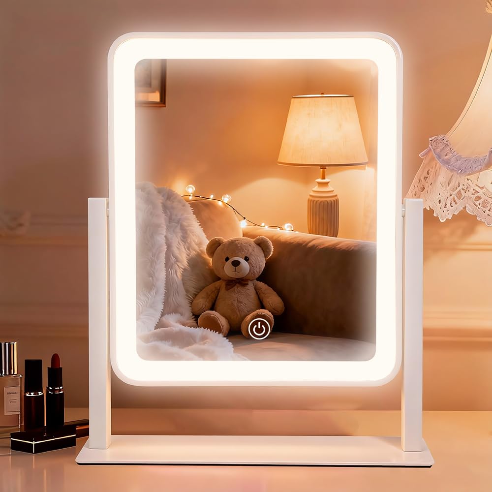 YEKKOPT Rechargeable Vanity Mirror with Lights, 12"×14" LED Makeup Mirror, Smart Touch Control, 3 Color Lighting