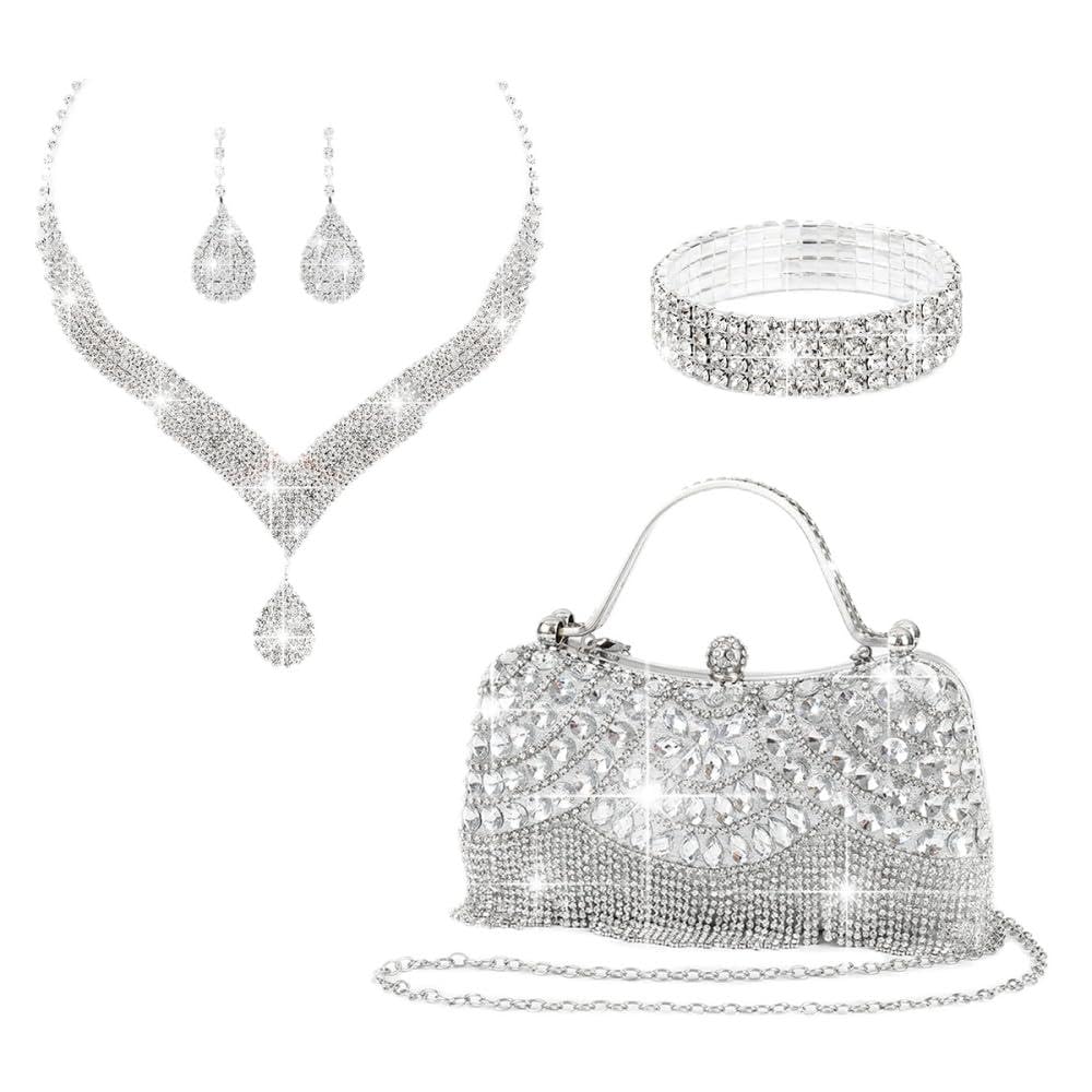 NIAN@WU 4-piece set of handcrafted fringed diamond-encrusted wedding ladies' crossbody handbag, necklace, earrings, brac