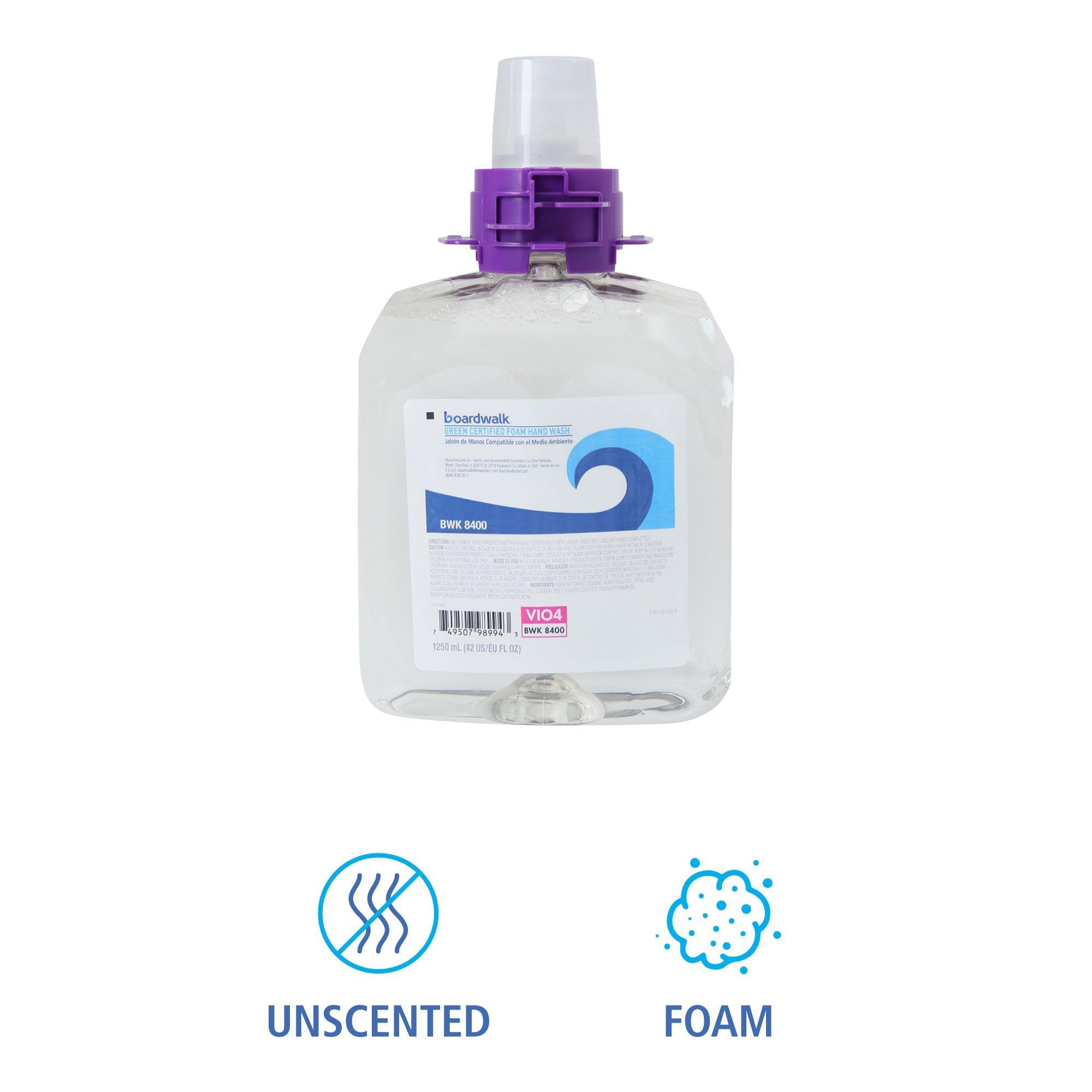 Boardwalk Green Certified Foam Soap refill case with four 1250mL bottles, fragrance-free skin cleaning agent.
