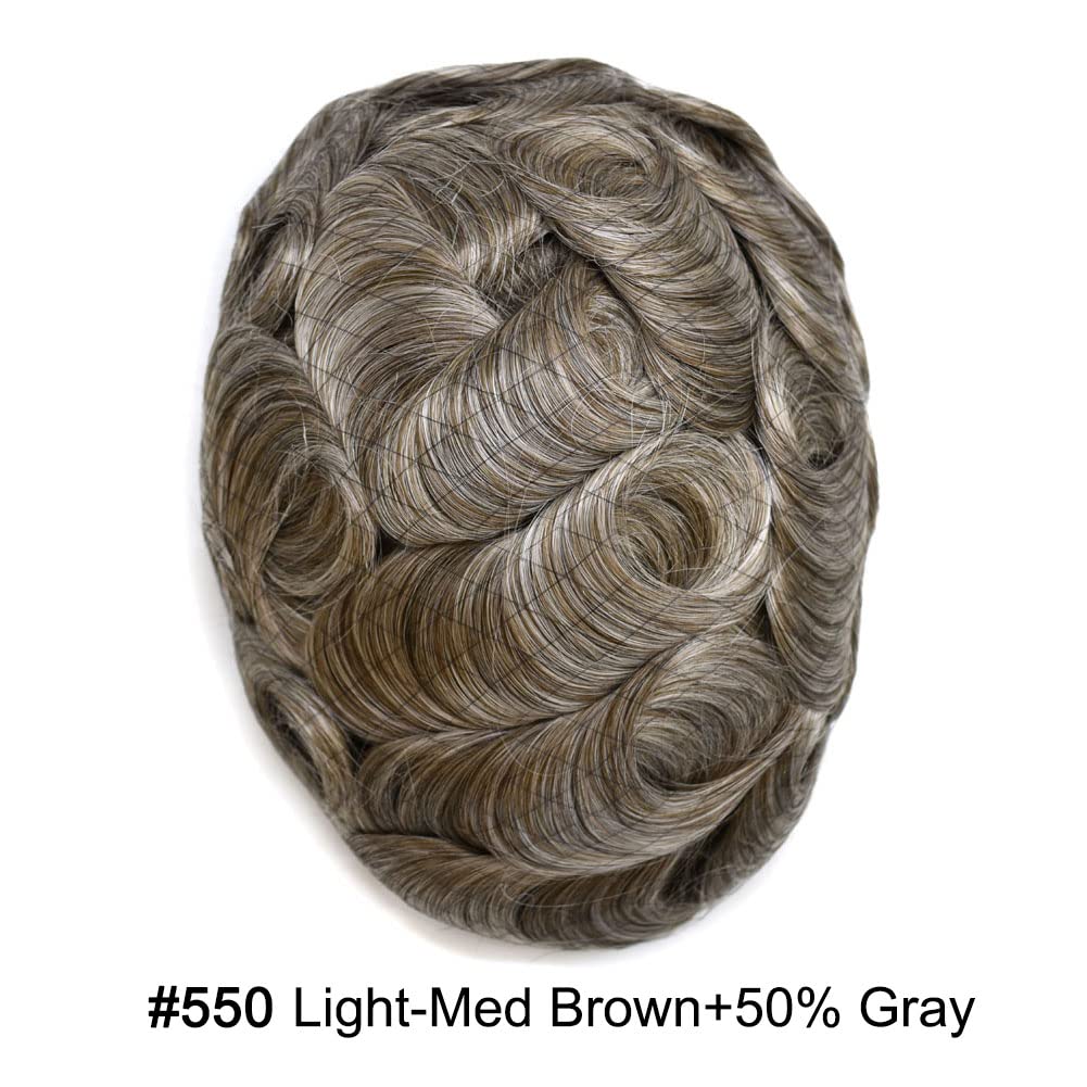 Curve Hair men's toupee wig featuring light-medium brown and gray human hair, 7x10 inches, monofilament hair replacement system.
