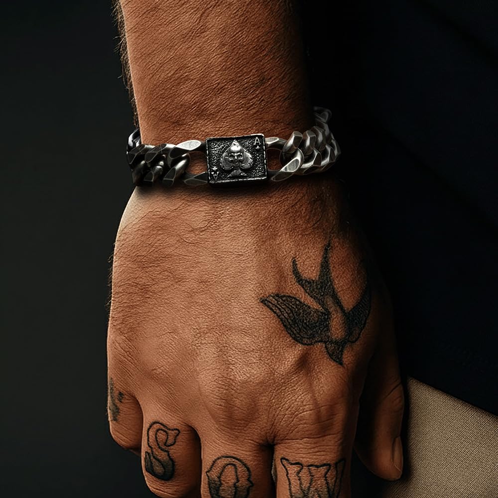 Hero Company Cuban Link Bracelet for Men - ‘Revenant’s Wrath Ace of Spades’ Men’s Stainless Steel Bracelet - Helps Pair 