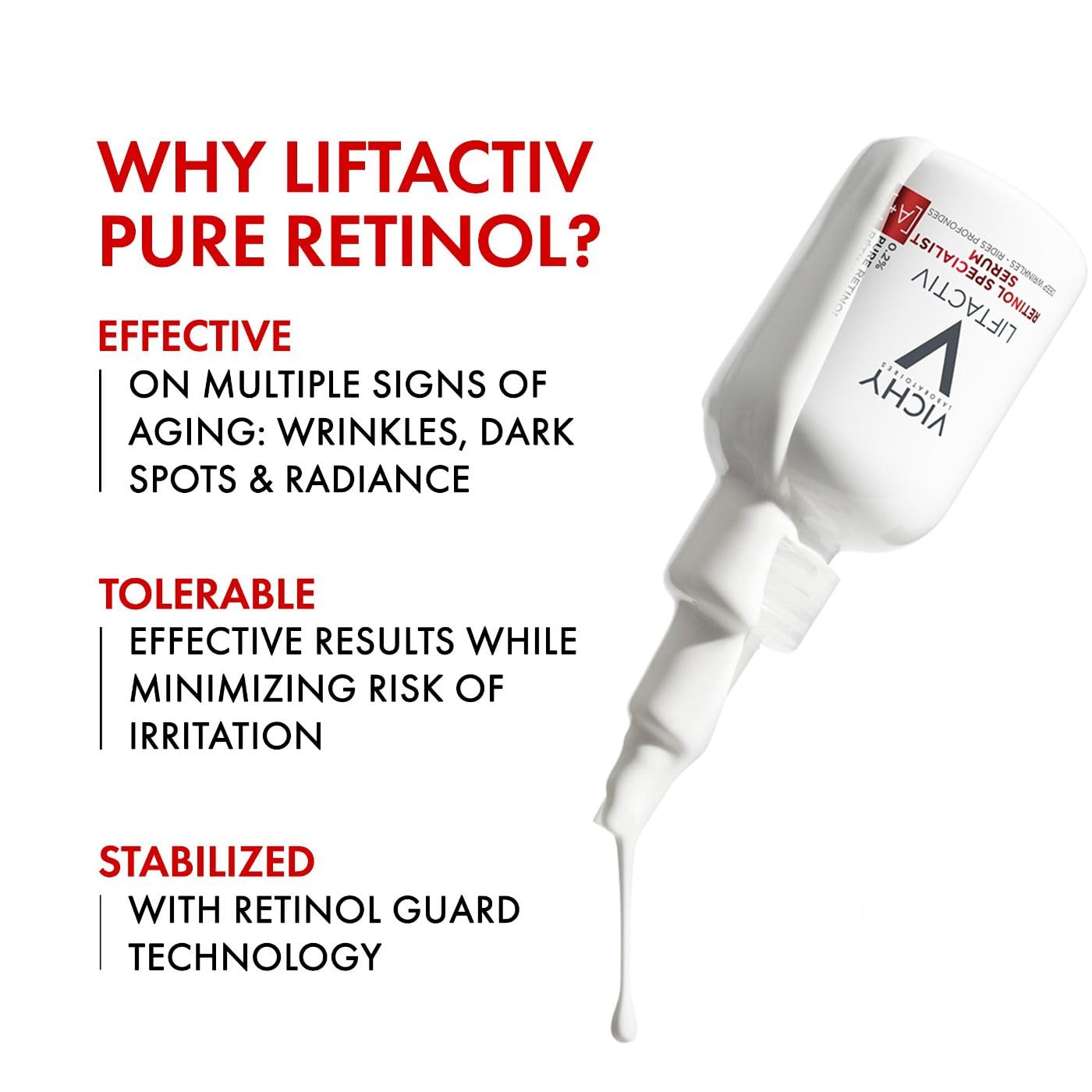 Vichy LiftActiv 0.2% Pure Retinol Serum for Face with Peptides, 1oz, featuring a sleek bottle and serum dropper.