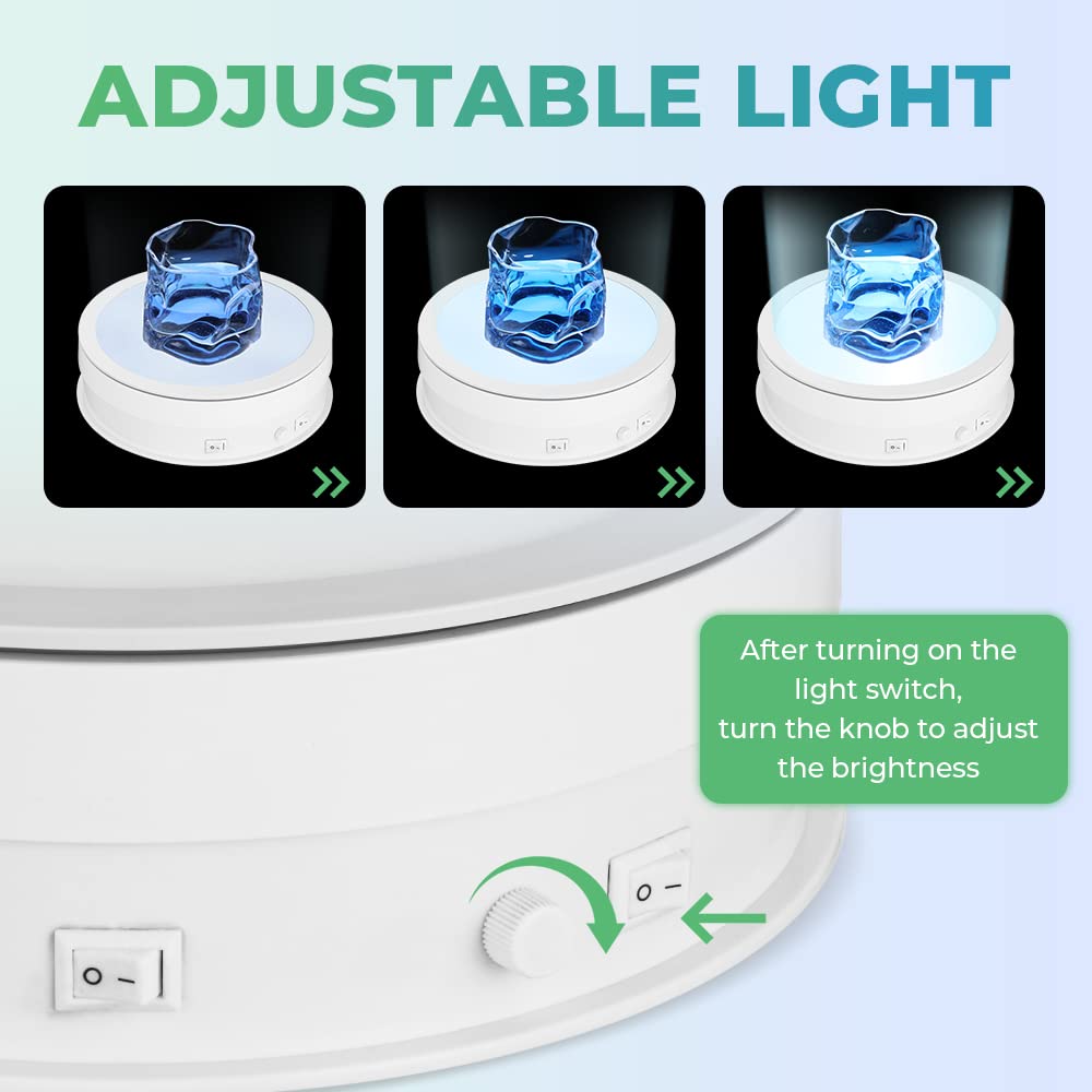 Flyrivergo Rotating Display Stand with LED Light 7.9in/44lb – packaging and label