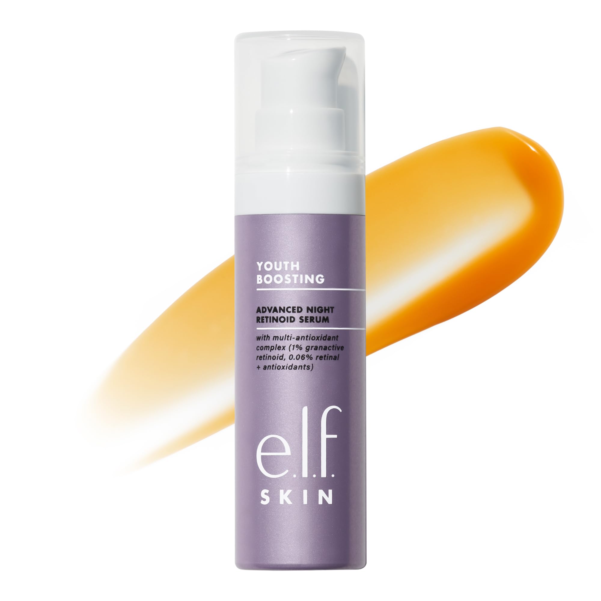 e.l.f. SKIN Youth Boosting Advanced Night Retinoid Serum in a clear glass bottle with a white dropper cap, designed for skincare.