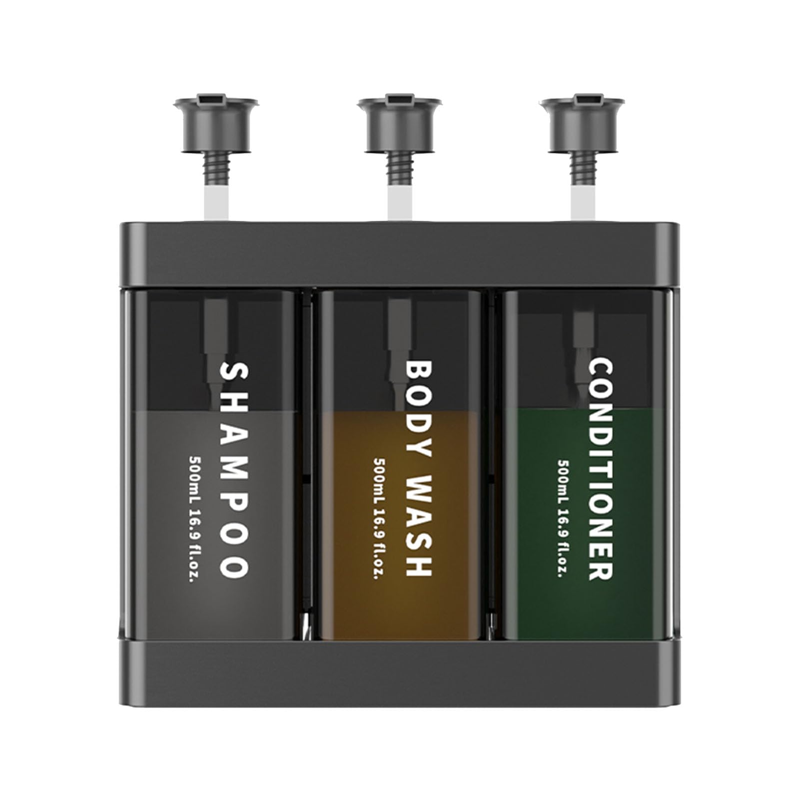 Omabeta dark gray refillable soap dispenser with 3-chamber design, 500ml capacity, suitable for desktop or wall mounting.