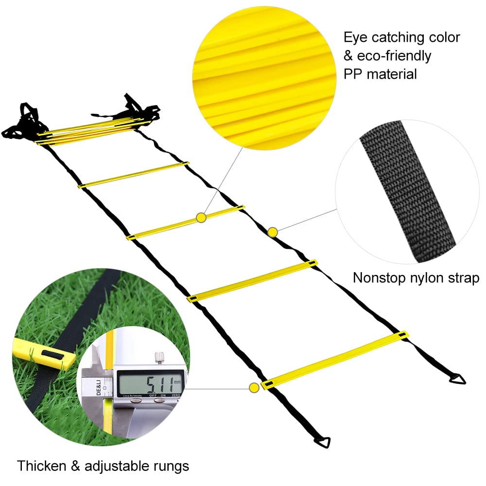 Ejoyous agilitys Ladder, Speed Training Equipment Set Includes 12 Rung 12 Soccer Cones 4 Steel Stakes resistants Parachu