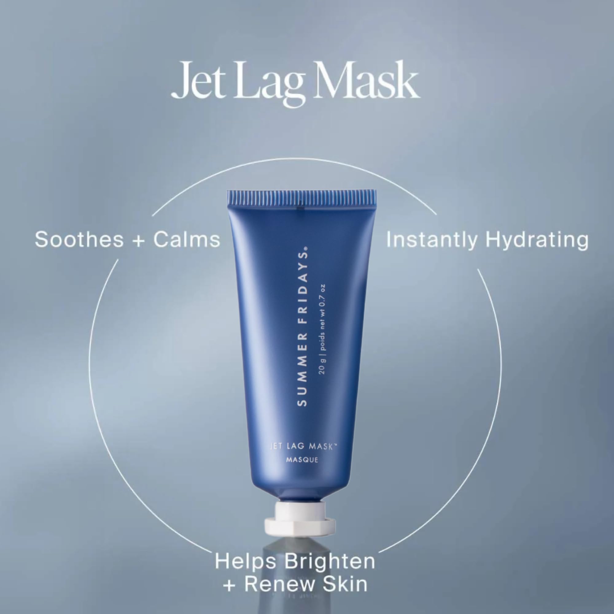 Summer Fridays Jet Lag™ skincare set with mini hydrating mask, eye patches, serum, and mist in travel size, perfect for hydration on the go.