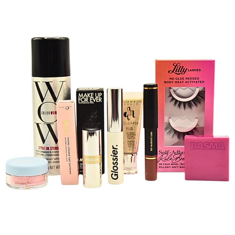 Sephora Glitz & Glam 10 Piece Holiday Gift Set: Makeup, Hair & Skincare Essentials with Red Lipstick, Blush, Powder & La