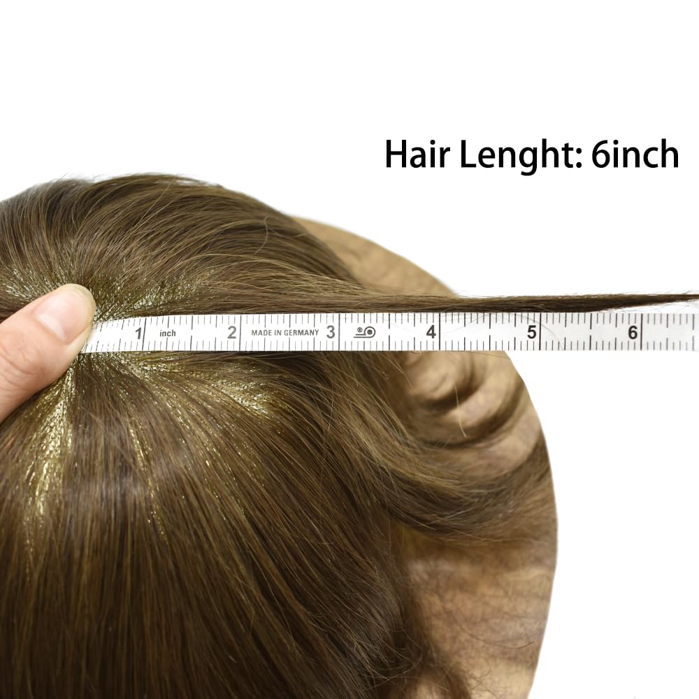 Curve Hair men's light brown human hair wig toupee with monofilament base, 8x10 inches, durable poly coating, natural look.