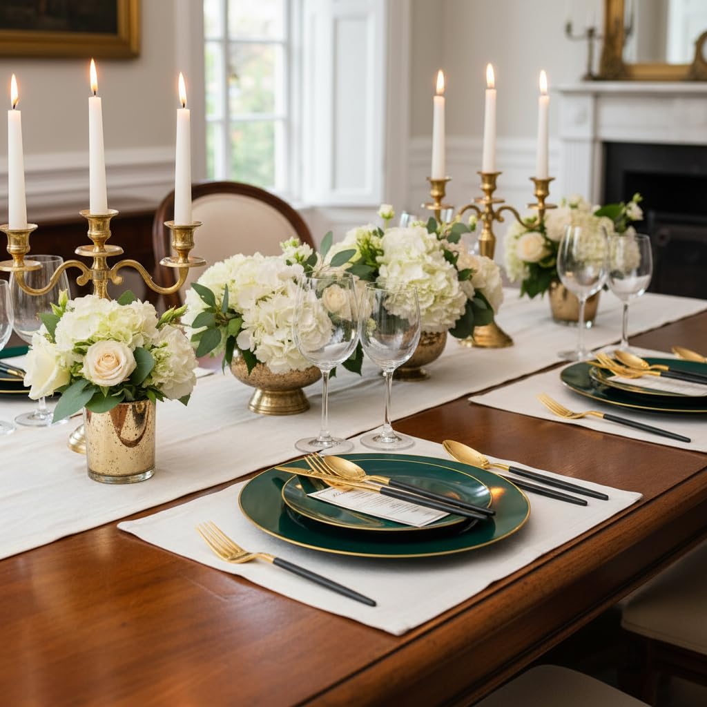 Liacere 150PCS Green Plastic Plates - Gold Plastic Silverware with Green Handle - Heavy Duty Fancy Plastic Plates Dispos