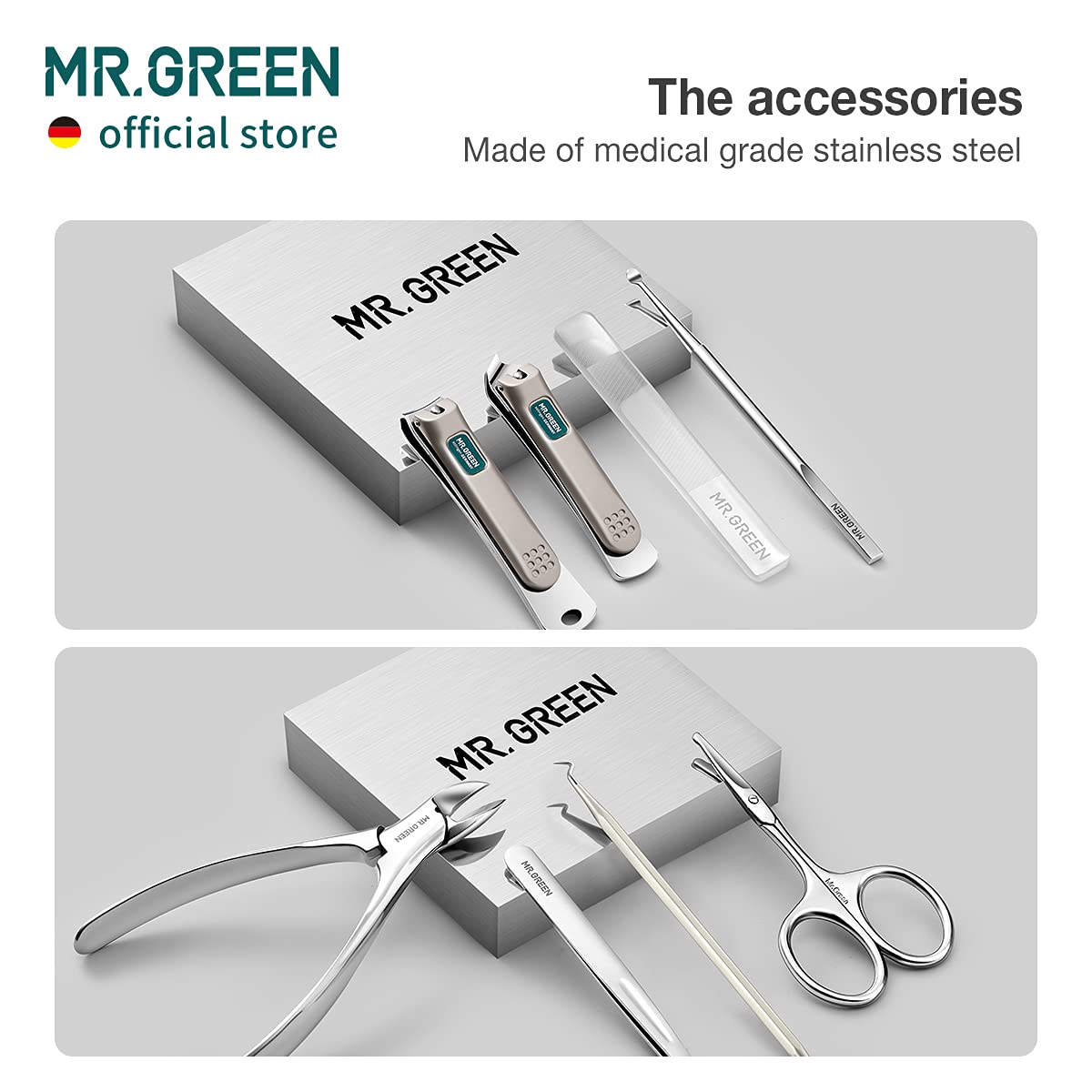 MR.GREEN Manicure Sets Pedicure Kits Stainless Steel Nail Clipper Personal Care Tools with PU Leather Case (Gray) – pack