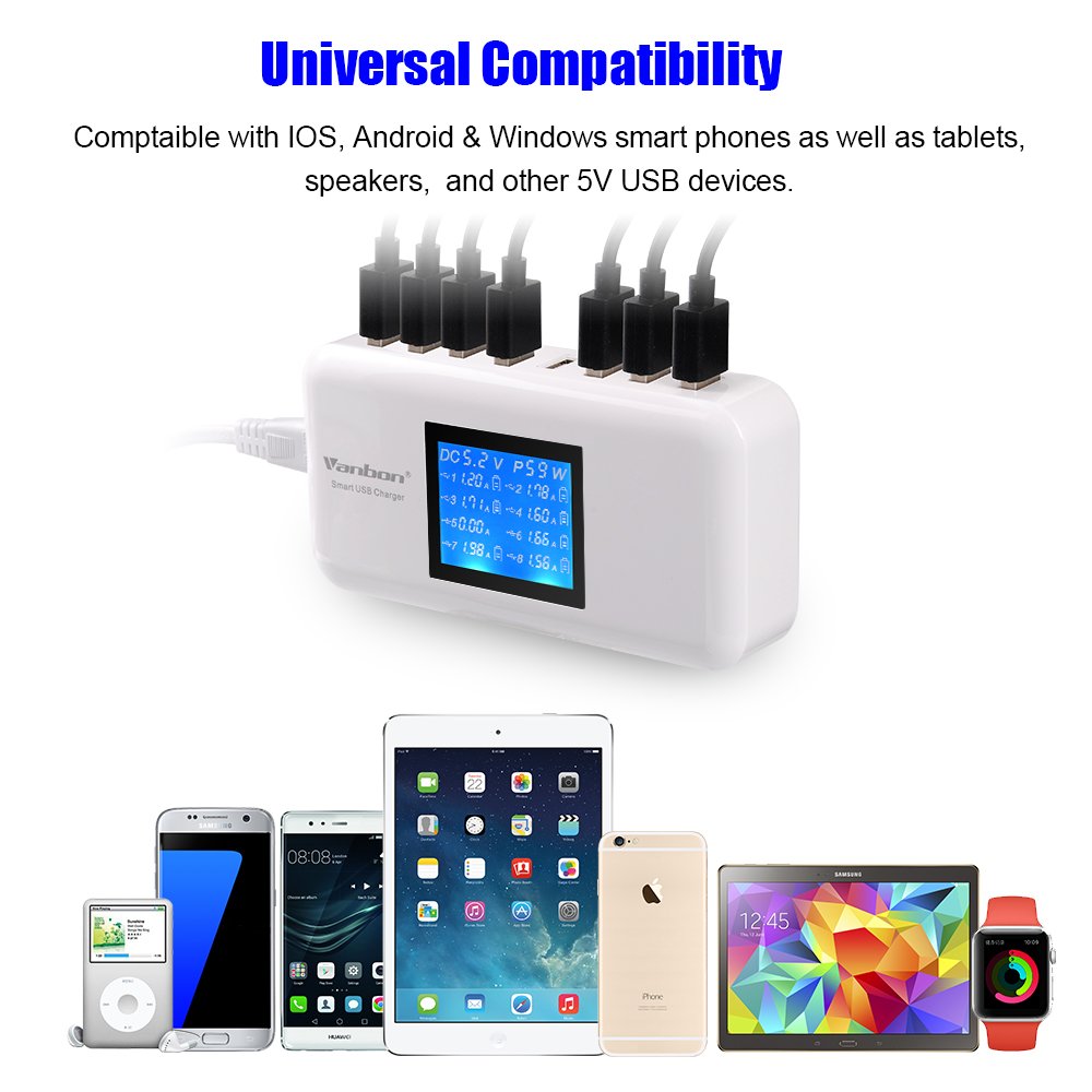 veebon 60W/12A 8-Port Desktop Charging Station Multiple USB, Multi Port Travel Fast Wall Charger Hub with LCD for Smart 