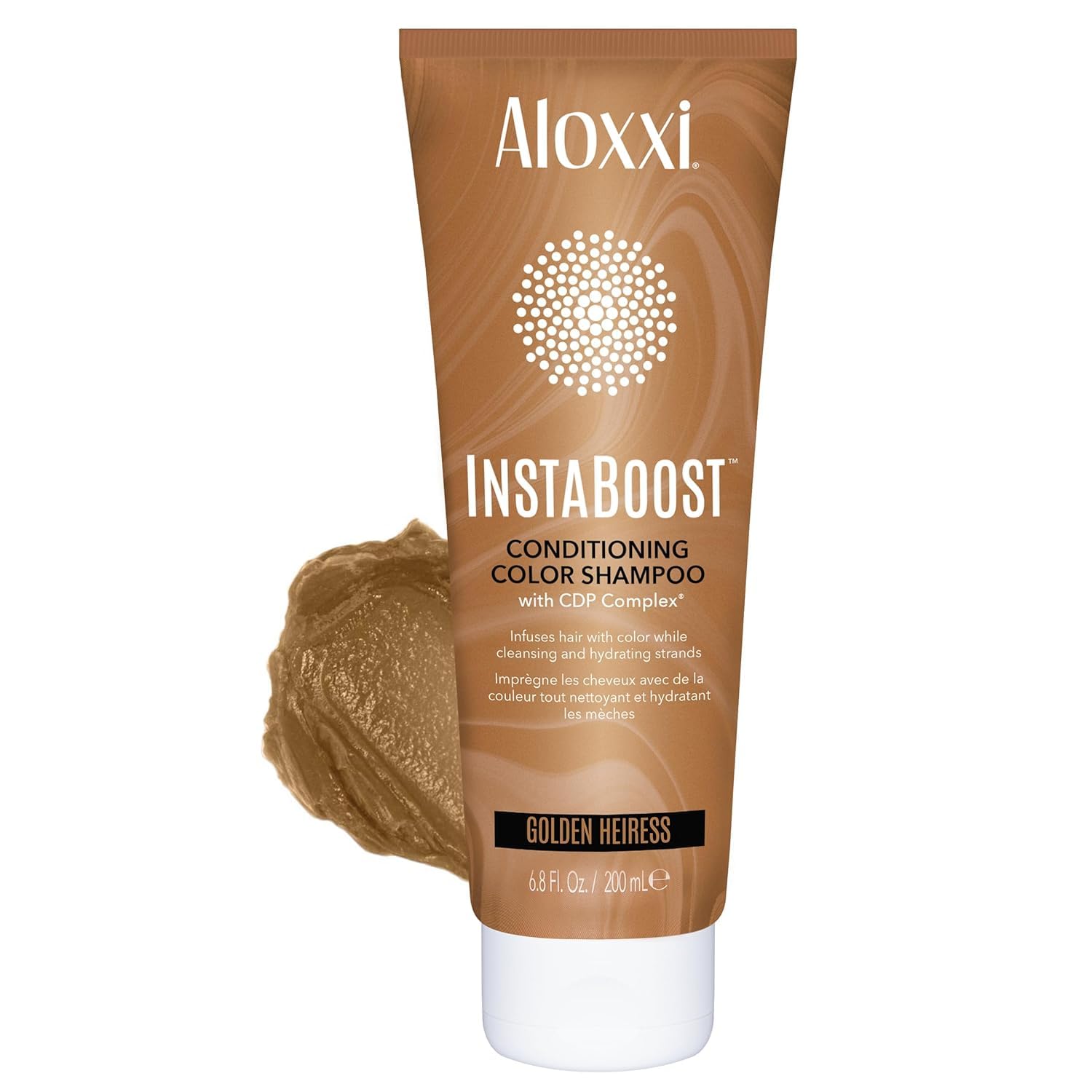 ALOXXI InstaBoost Golden Heiress shampoo in 6.8 fl oz bottle, conditioning color shampoo for gold blonde tones, hydrating and refreshing.