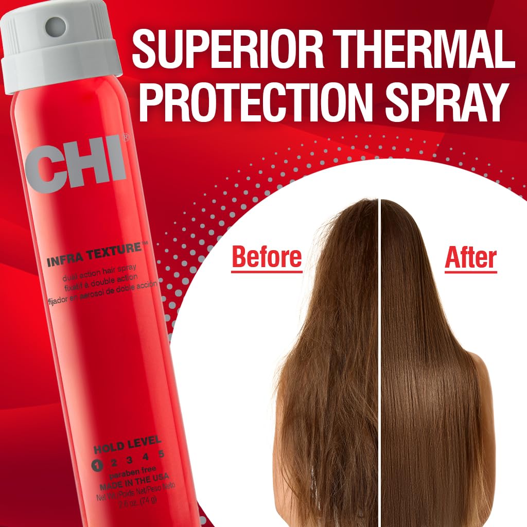 CHI Infra Texture Dual Hair Spray, 2.6oz, enhances shine and movement for textured hair styling.