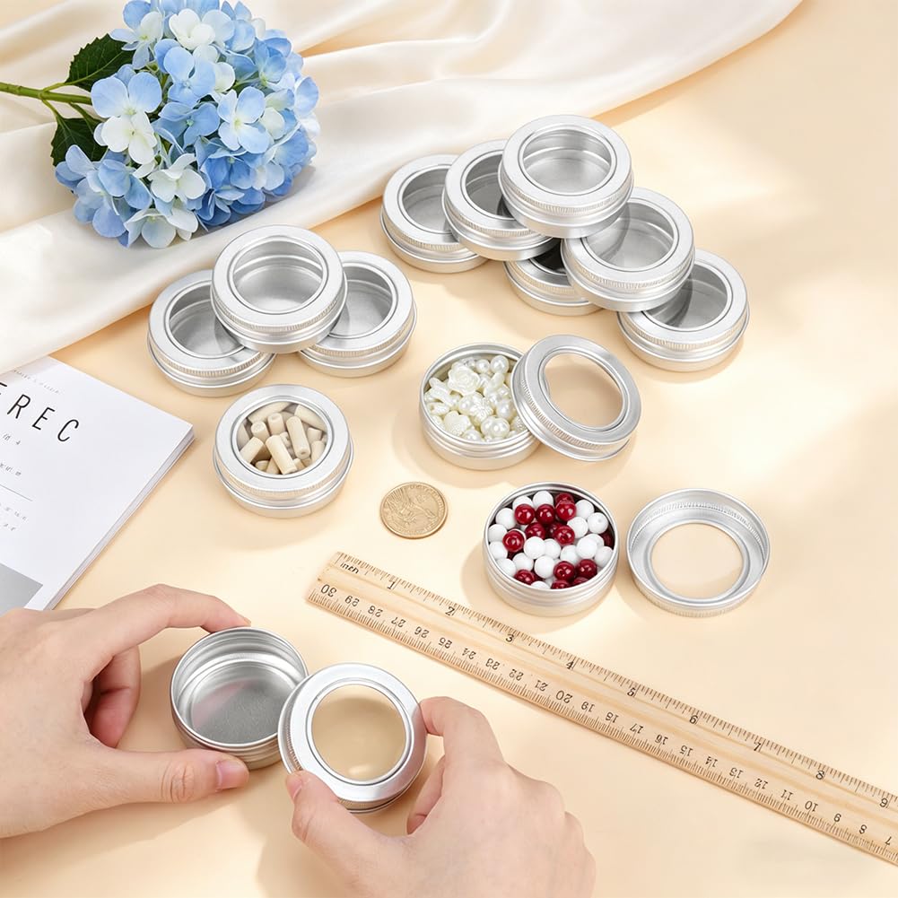BENECREAT 50 Pcs Metal Tin Cans with Clear Top, 1 Oz/30ml Roud Aluminum Metal Tins Empty Containers for Cosmetics Beads 