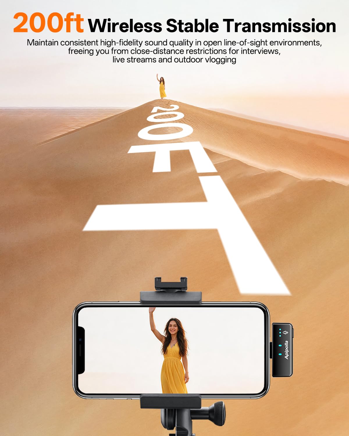 Apipolla Wireless Mini Lavalier Microphone for iPhone Android,Plug&Play Magenet Mics – back view and specifications