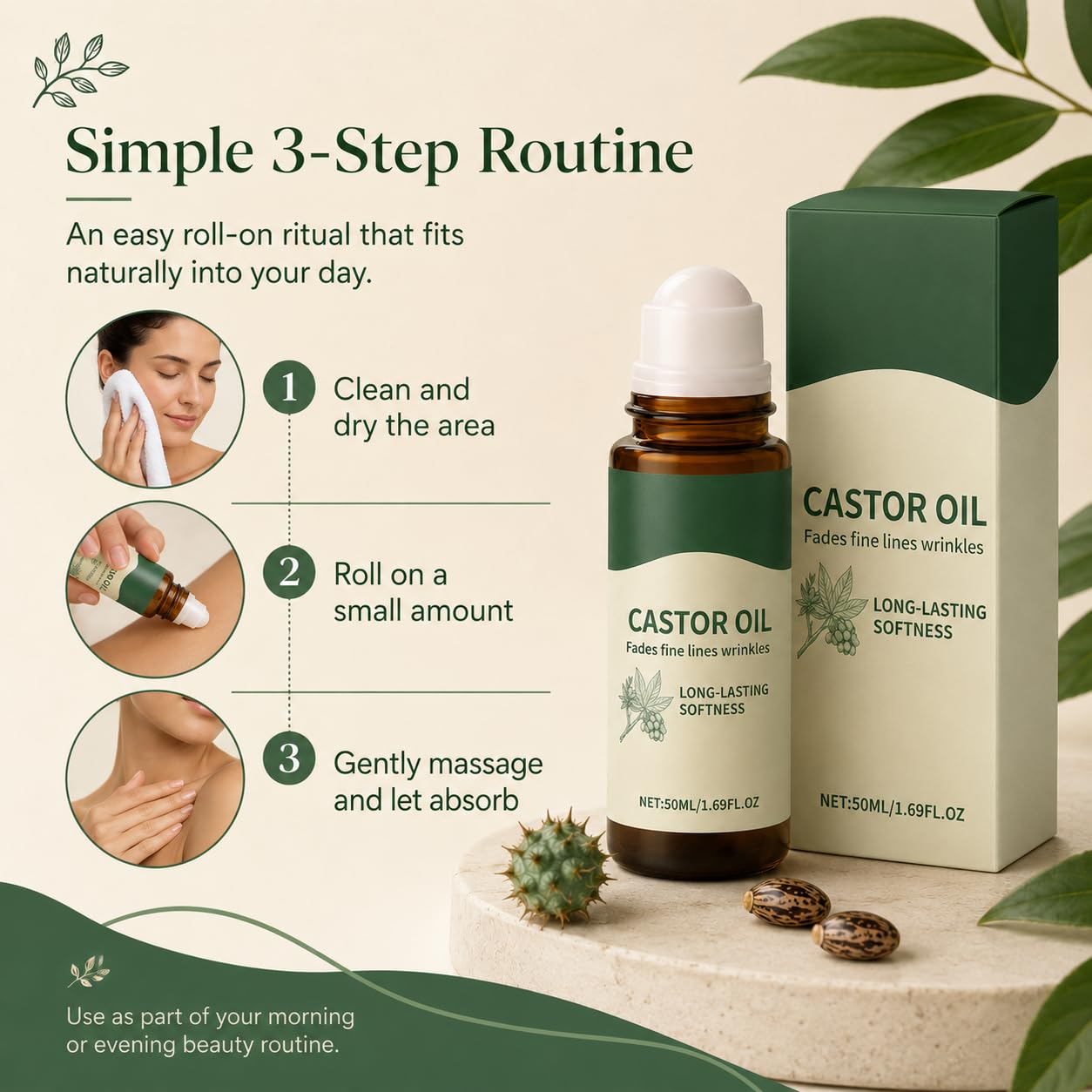 Nooche organic castor oil roll-on for skin, hair, brows, and lashes, cold-pressed, fragrance-free moisturizing oil for beauty care.