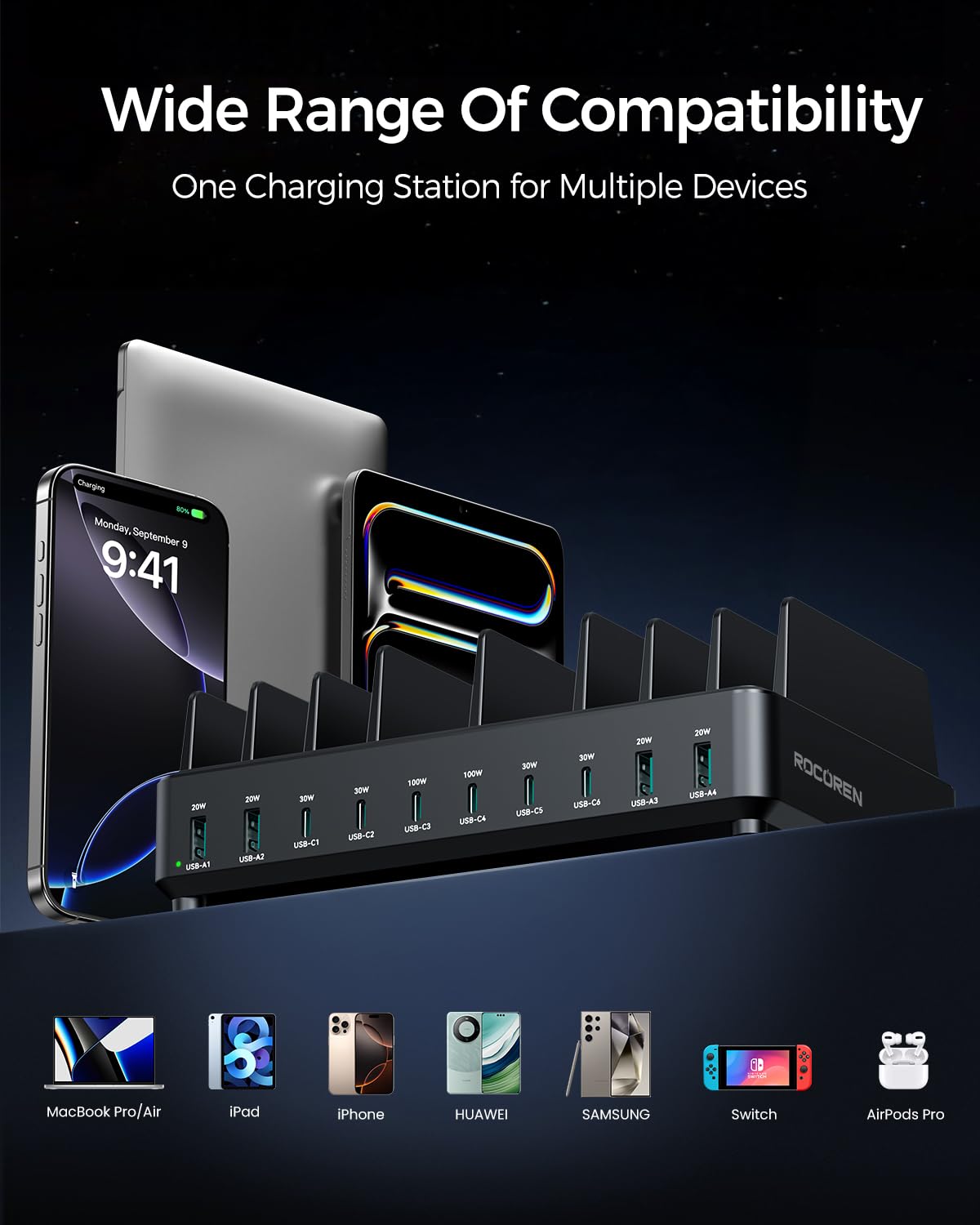 Rocoren 400W 10‑Port Charging Station,Dual PD 100W Dock w/ 6 Cables – close-up detail