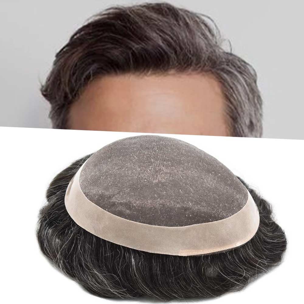Curve Hair Mens Toupee Human Hair Piece Replacement System Monofilament Wig Hair Unit for Men Durable Poly Coated Mens Hairpiece (#1B20 Off Black+20% Gray, 6"X9")
