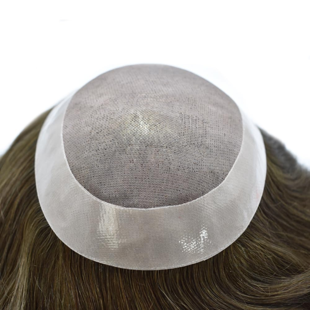 Curve Hair Mens Toupee Human Hair Piece Replacement System Monofilament Wig Hair Unit for Men Durable Poly Coated Mens Hairpiece (#7 Very Light Brown, 7"X9")
