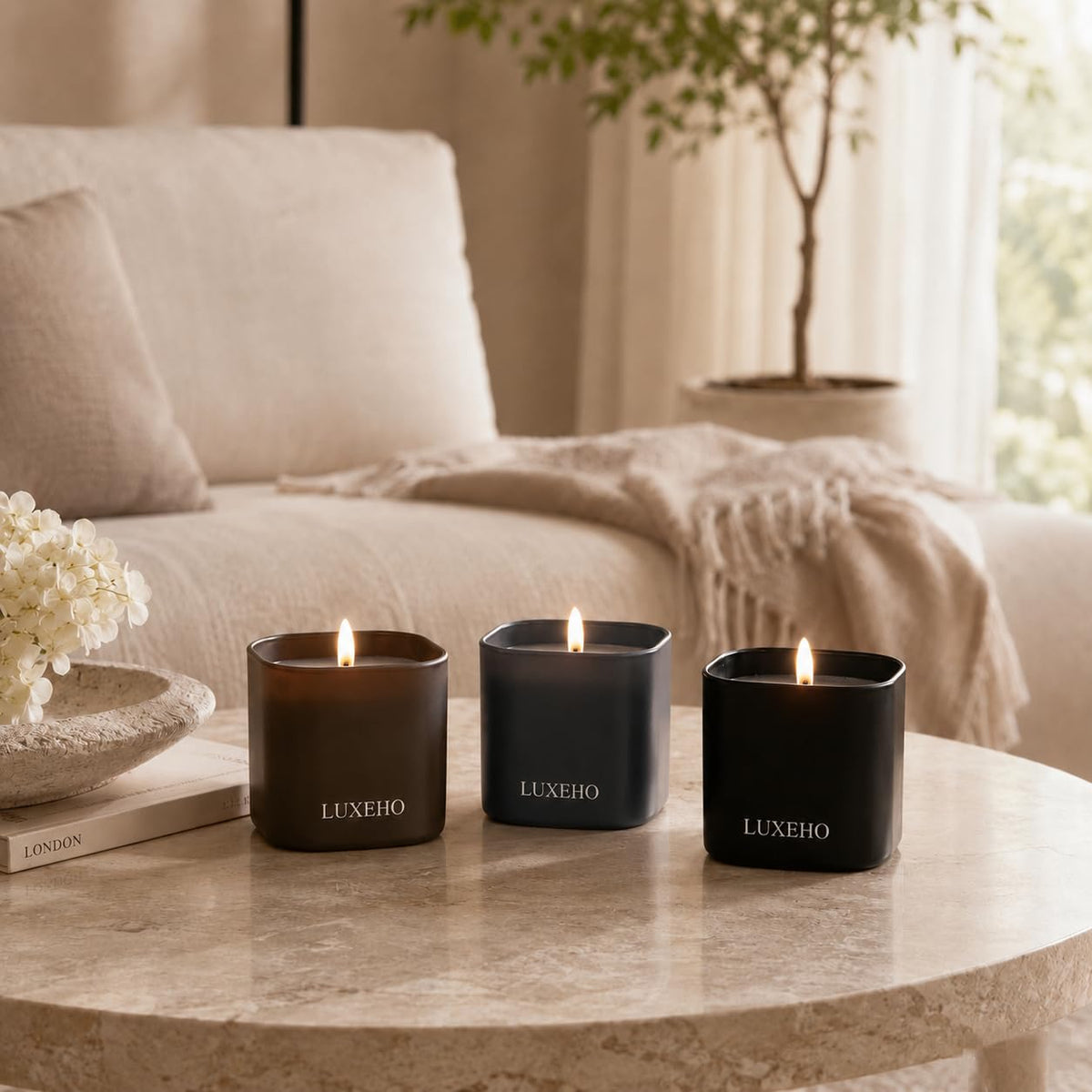 Luxury Scented Candle Gift Set, 3-Pack Soy Candles for Home by LUXEHO – Black, Gray, Dark Brown, Champagne, Sandalwood &