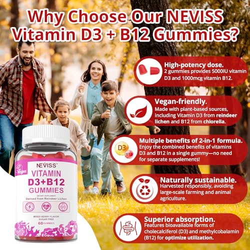 NEVISS Vegan Vitamin D3 5000IU + Vitamin B12 Gummies for Women - Product Imagery