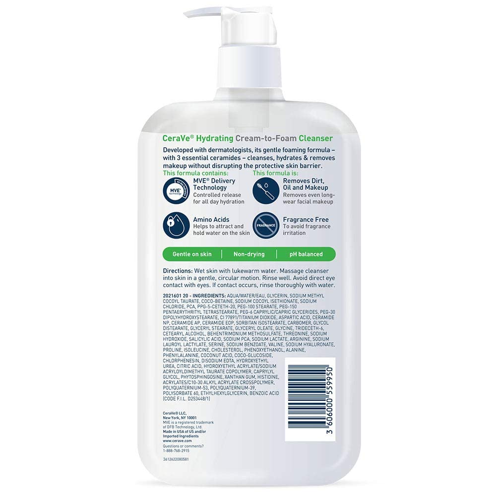 CeraVe Hydrating Cream To Foam Cleanser for dry skin, 19oz, face wash with gentle, hydrating formula and cleansing action.