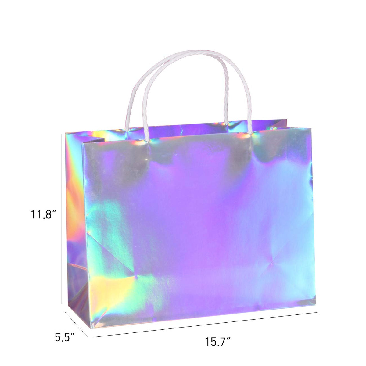 PAPERIST 5pcs 15.7x5.5x11.8 (3) Large, Holographic Silver Coating Gift Bags with Premium White Handles, Glossy Laminated