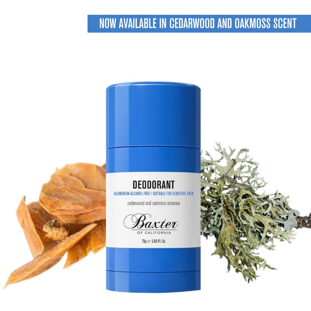 Baxter of California aluminum-free cedarwood and oakmoss body deodorant in a 2.65 oz stick, natural scent and skin-friendly formula.
