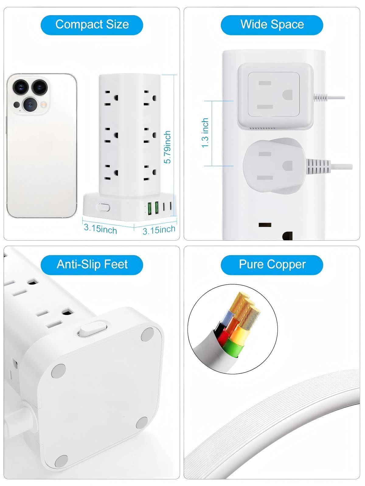 UWIWUTEI 6FT Power Strip Tower with Wireless Charger,Surge Protector with 12 Outlets – back view and specifications