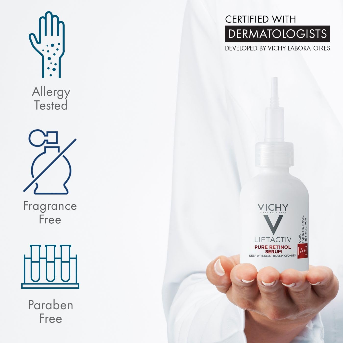Vichy LiftActiv 0.2% Pure Retinol Face Serum with Peptides in a 1oz bottle, showcasing the serum's sleek packaging.