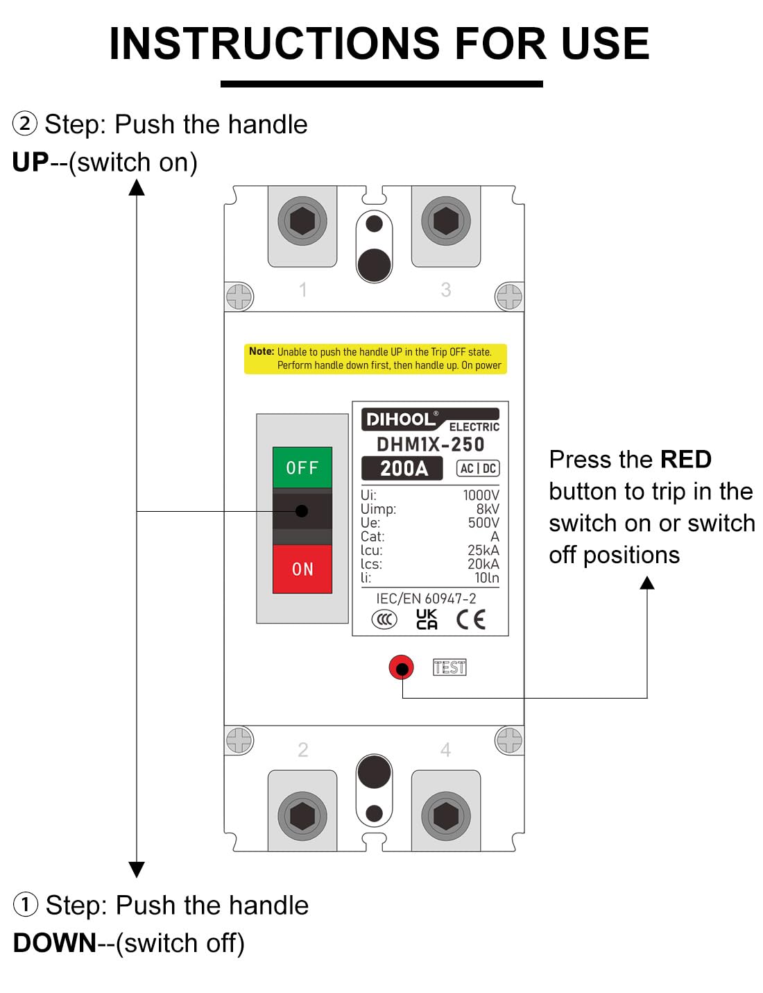 DIHOOL DC 200 Amp Breaker, 500V Battery Disconnect Switch for Main Power Station, UPS,Solar – alternate angle