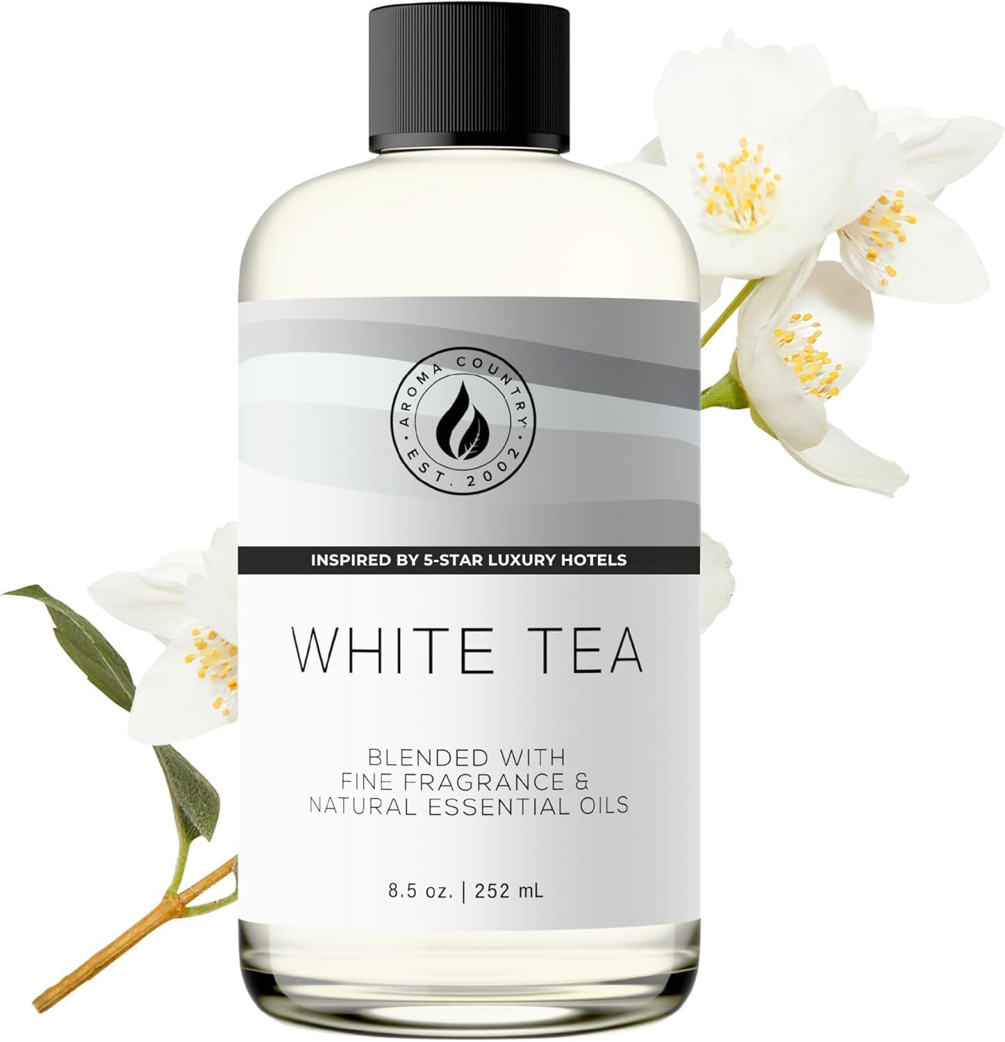 Aroma Country white tea diffuser oil refill bottle, 8.5 oz, with a sleek container and product label for aromatic home fragrance.