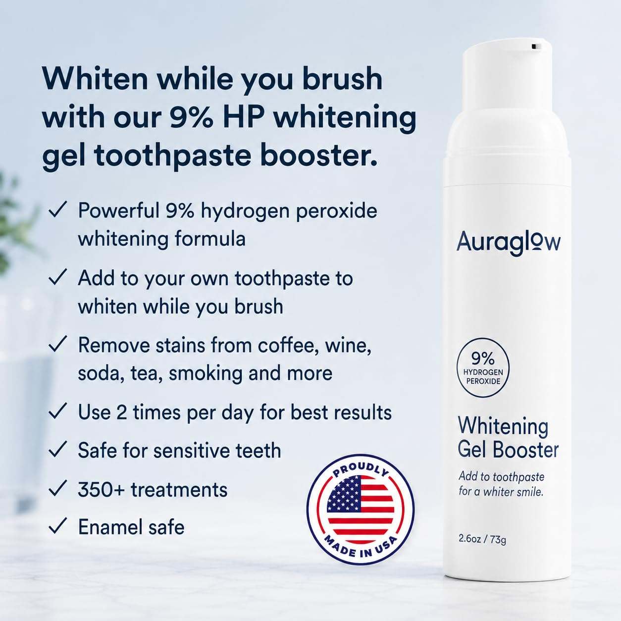 AuraGlow 9% H2O2 teeth whitening gel booster in a tube, designed for long-lasting dental whitening and brightening.
