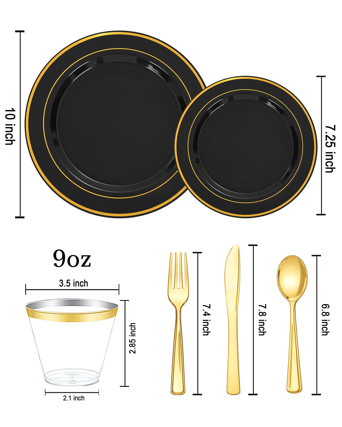 bUCLA 150 Pieces Black and Gold Disposable Dinnerware Set - 25 Guests Black Gold Plastic Plates Include 25 Dinner & 25 D