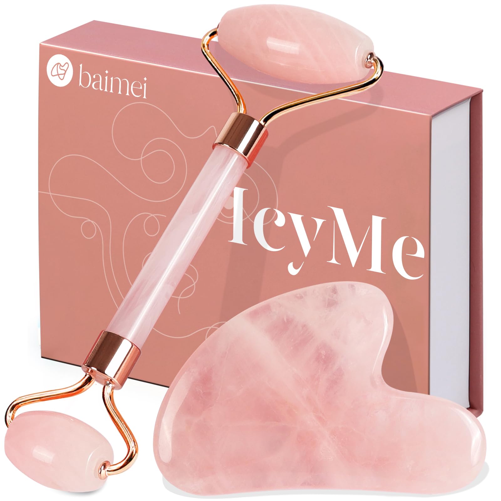 BAIMEI IcyMe Rose Quartz Roller & Gua Sha Facial Tool Set for - Product Imagery